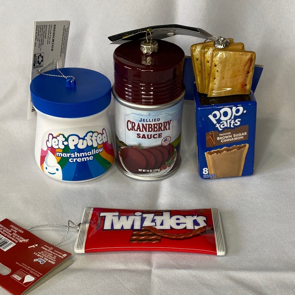 4 novelty Christmas ornaments pop tarts, twiddlers cranberry marshmallow